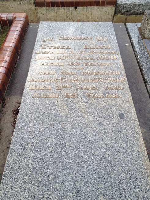 Grave of Ethel Edith Steele (née Telfer, 1894–1937) — wife of J. G. Steele. Lake Terrace Cemetery, Mount Gambier, South Australia — Section M, Plot 315 (grave id 139127). Shared plot with husband James Gordon Steele (1892–1951), buried 5 Aug 1951. Family headstone reads "Died 18th Jan. 1936, aged 43 years" — see Notes for why the burial-register year 1937 is kept.