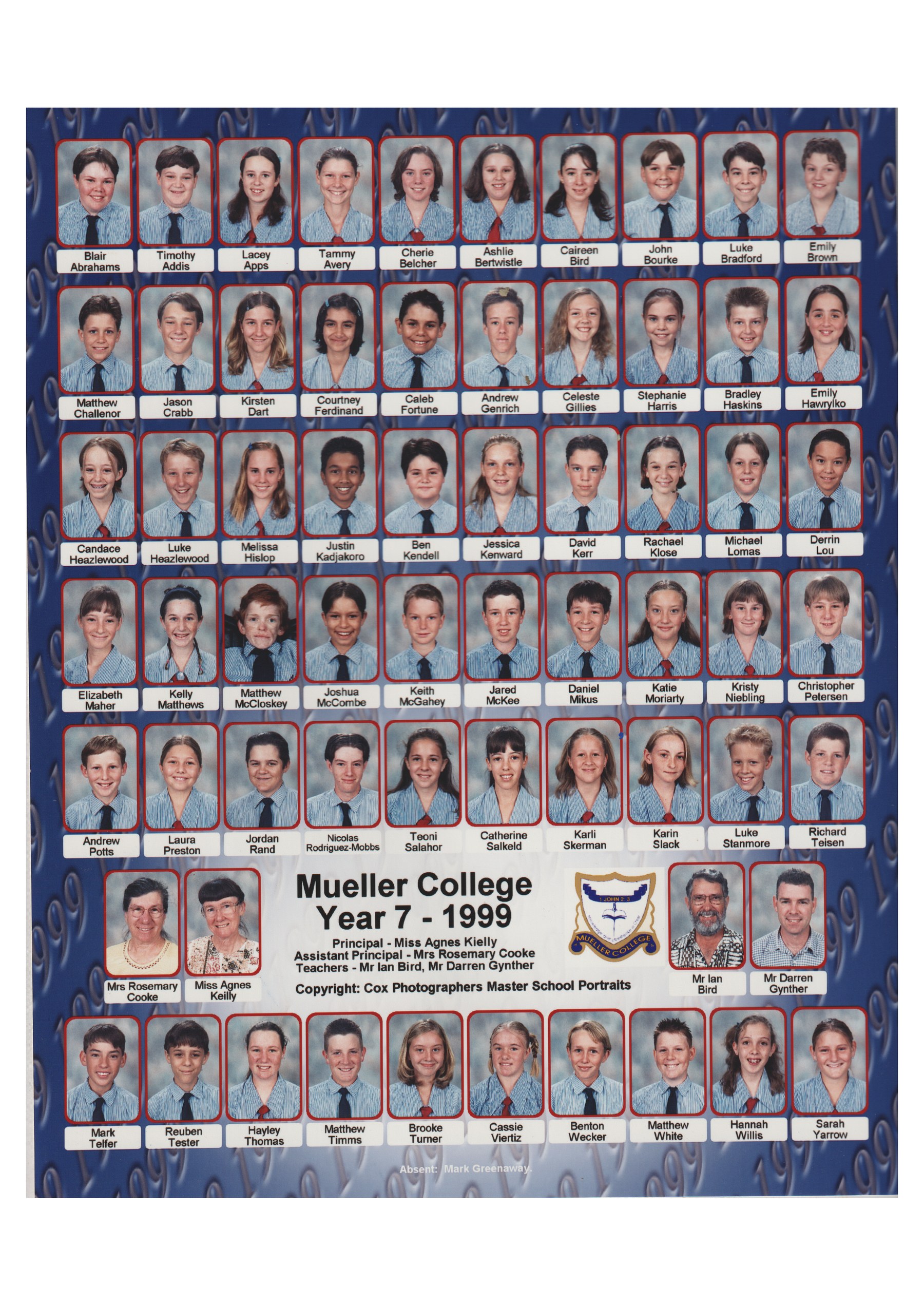 Mueller College, Rothwell — Year 7 class photo, 1999. Mark Kenneth Telfer (bottom row, far left) aged 13, in the school's light blue striped uniform shirt and dark tie. Photograph by Cox Photographers (Master School Portraits). Scanned from the family's own printed copy.