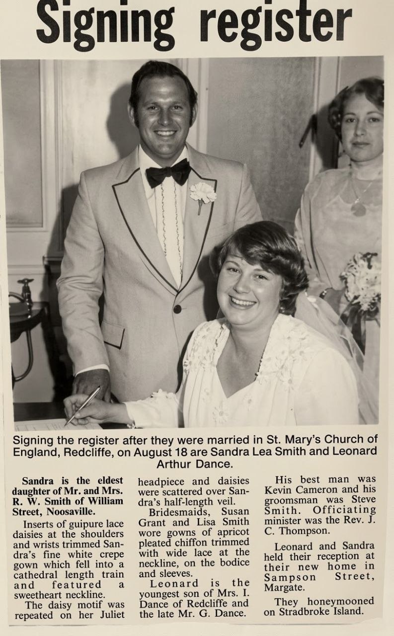 Sandra Smith and Leonard Dance wedding clipping 1974
