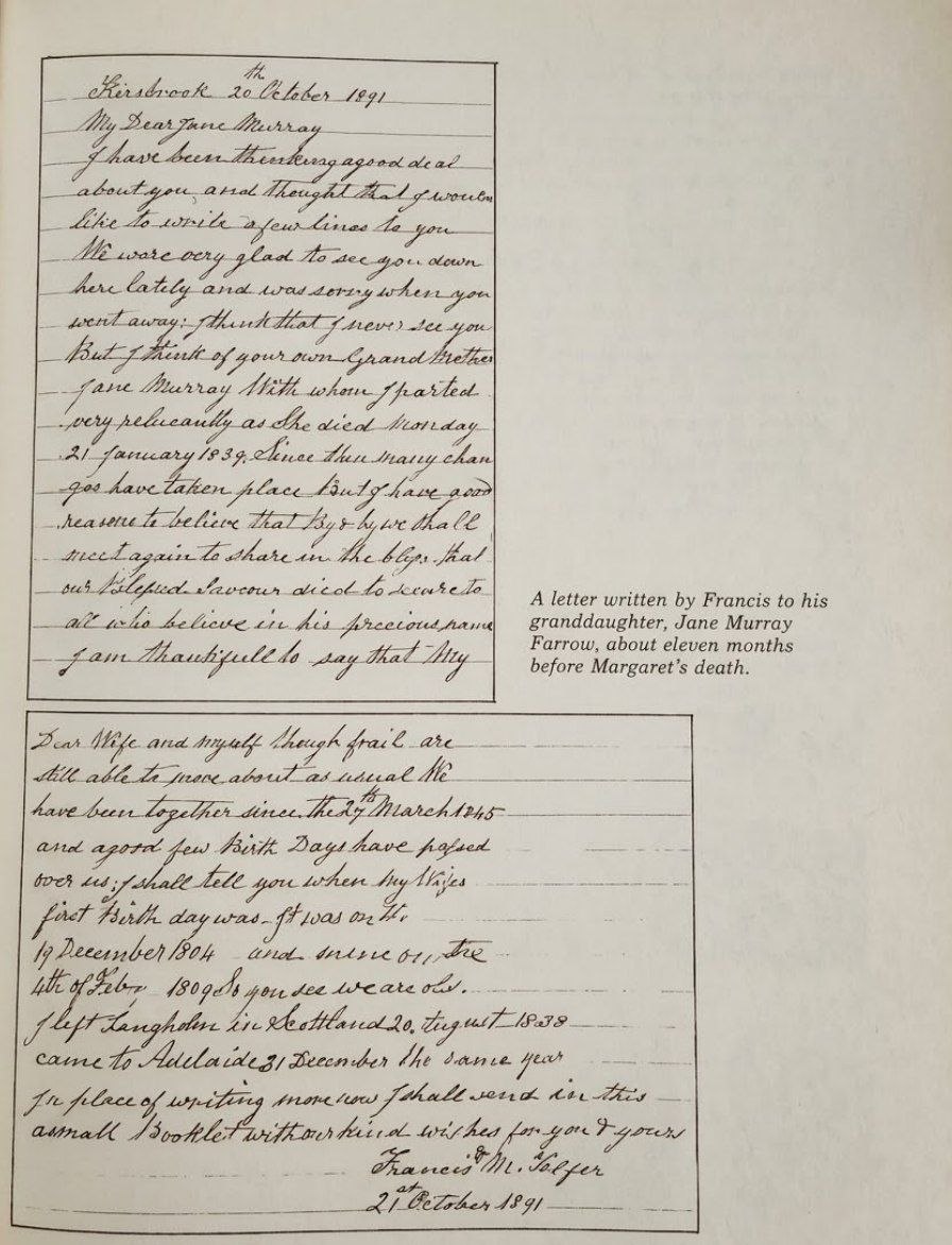 Francis Telfer's 1891 letters — to granddaughter Jane Murray Farrow and to his wife Margaret (From the Borders to the Bush, p.33)