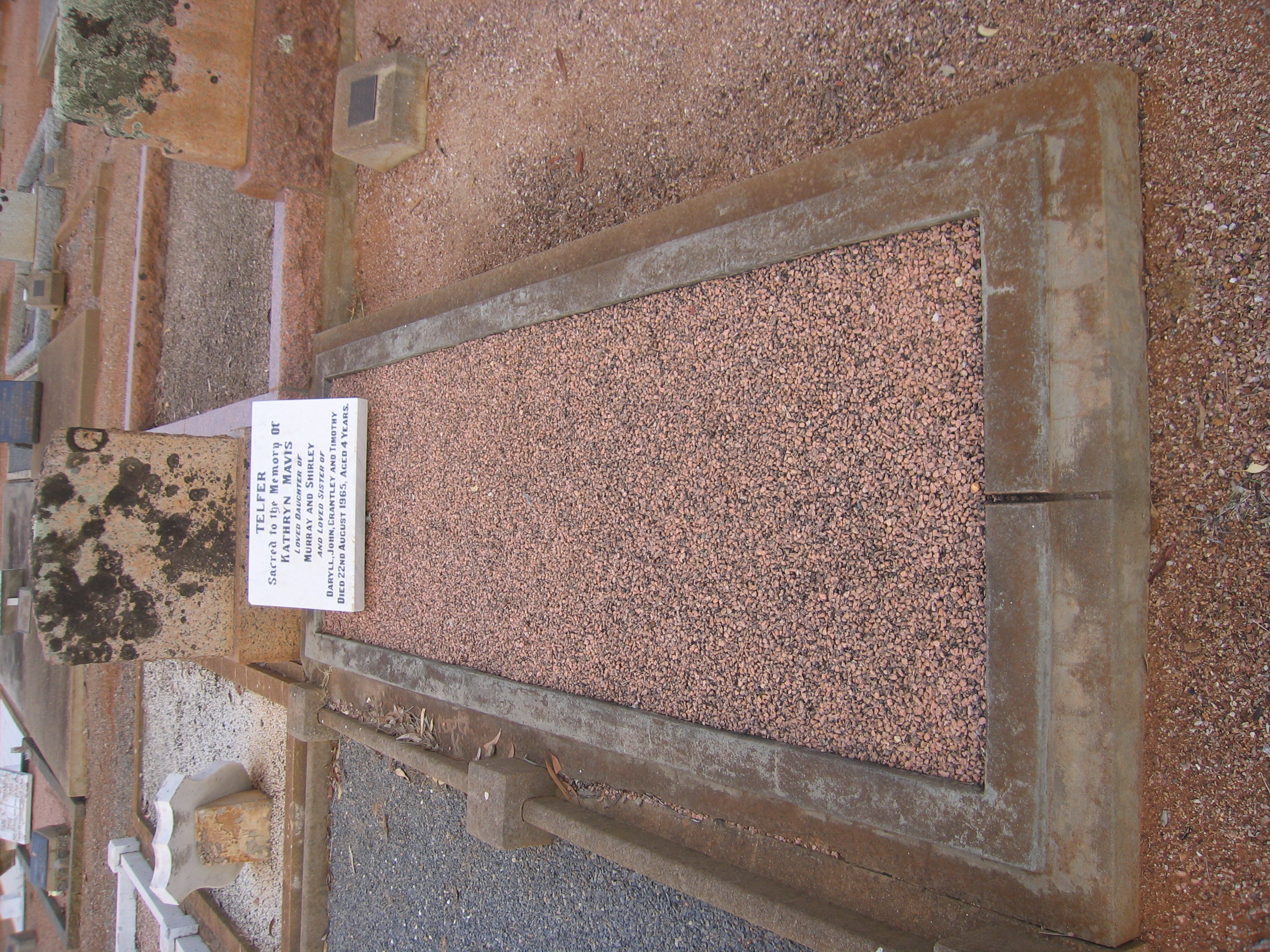Kathryn Mavis Telfer's grave site, Tumby Bay Cemetery, Plot E72, South Australia. Photograph supplied by her eldest brother, Daryll William Telfer, 1 October 2026.