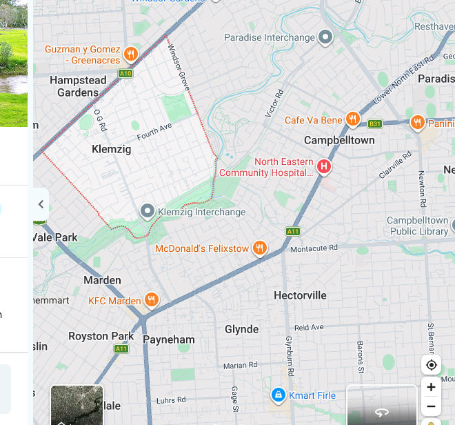 Klemzig, South Australia — her residence at death (suburb only). Map data © Google.