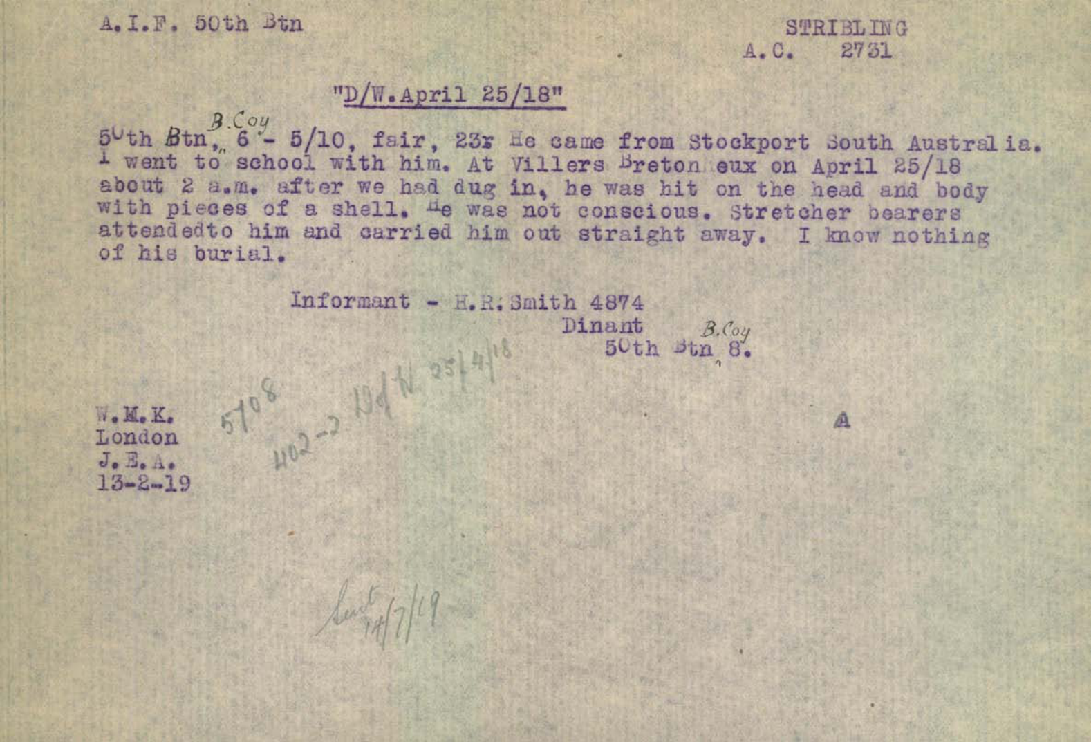 The handwritten eyewitness statement of 4874 Private H. R. Smith, 50th Battalion, B Company, dated 13 February 1919. Australian Red Cross Wounded and Missing Bureau, packet 5708 — State Library of South Australia, SRG 76/1/5708.