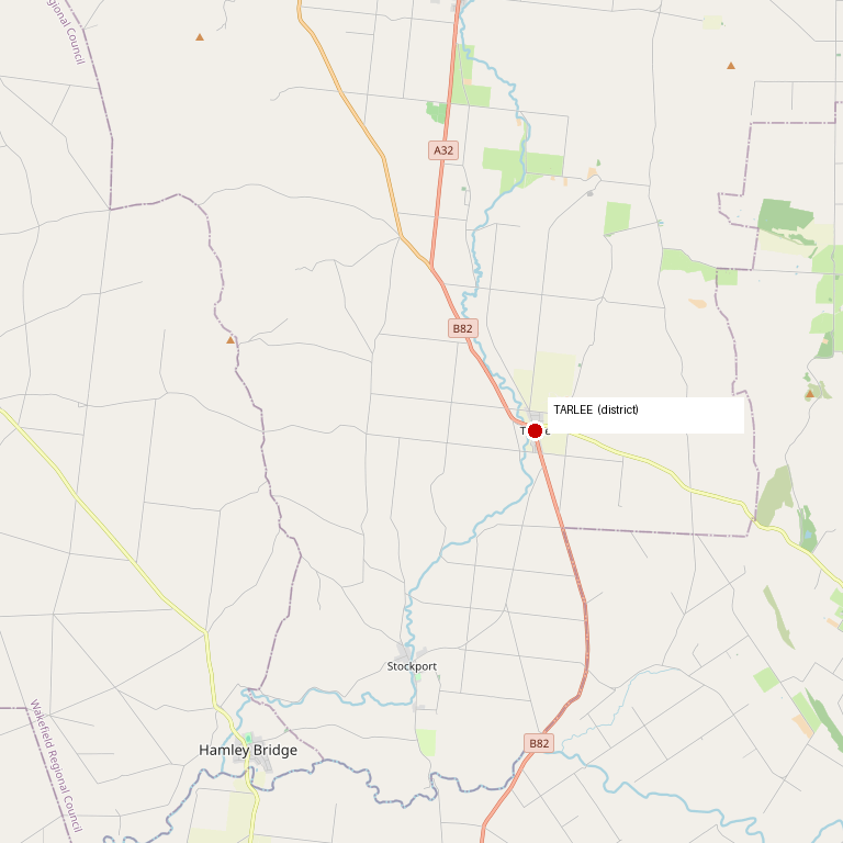 The Tarlee district, South Australia — the township and surrounding country, with Stockport to the south (the town the eyewitness, H. R. Smith, came from). District level only: this marks the township, not any house or street address. Map tiles from OpenStreetMap contributors, used under the ODbL open licence.